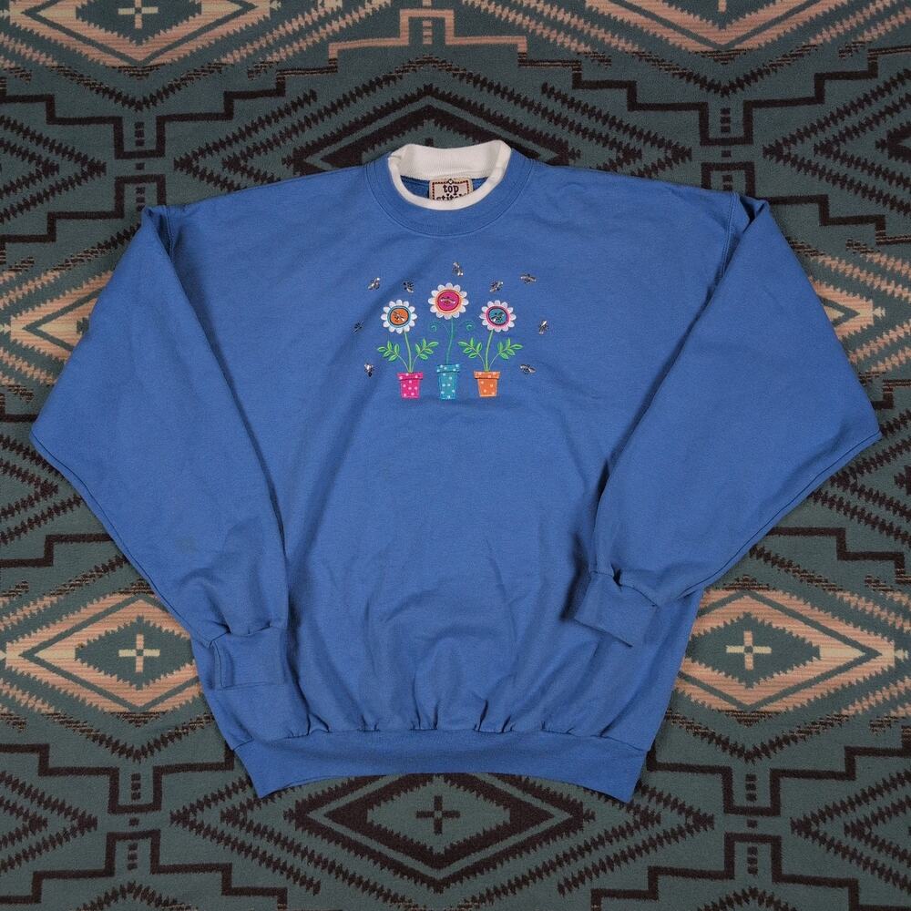Vintage 90s Flower Pots Top Stitch By Morning Sun Sweatshirt XL Made In USA VTG